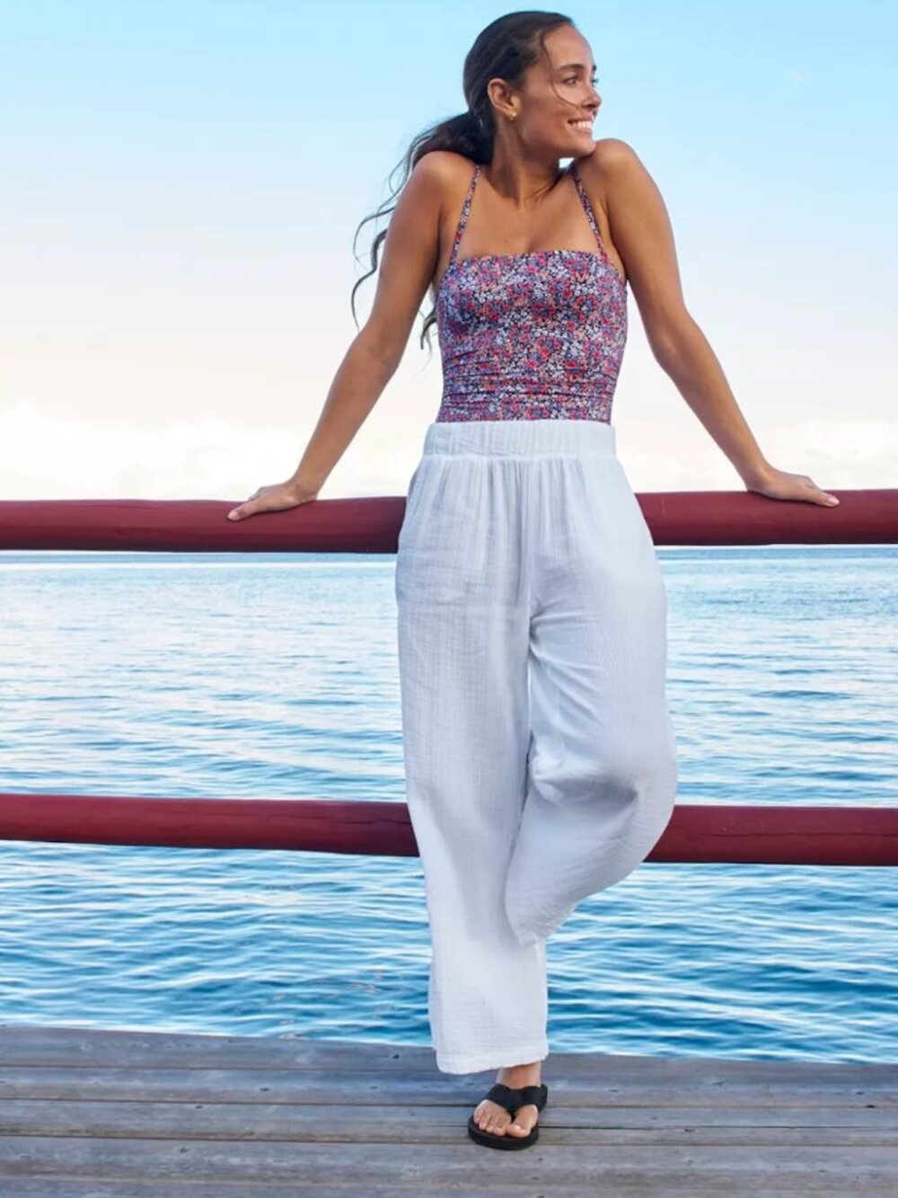 L.L.Bean Cloud Gauze Wide Leg Pants Sz L White Cotton Coastal Resort Beach